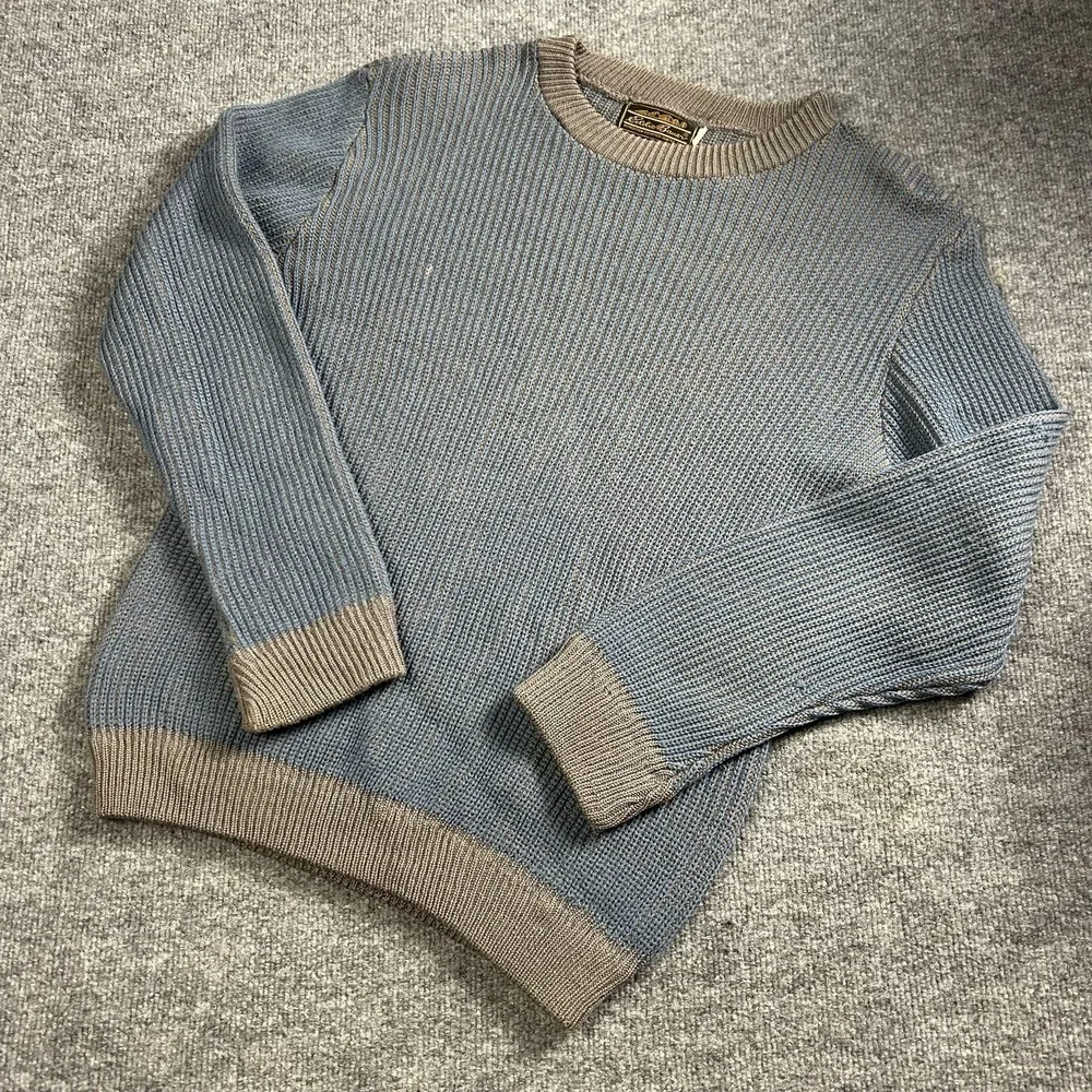 Vintage Eddie Bauer Sweater Mens Medium Blue Rib Knit Heavyweight Crewneck 80s - Picture 2 of 10